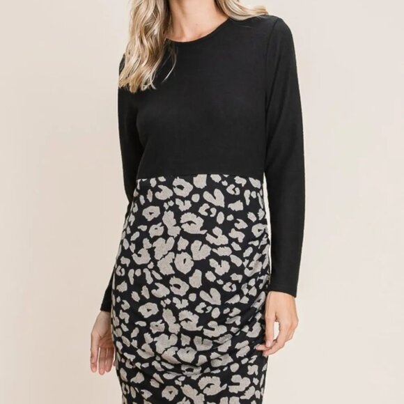 BOMBOM Leopard Color Block Knit Dress - Picture 1 of 7